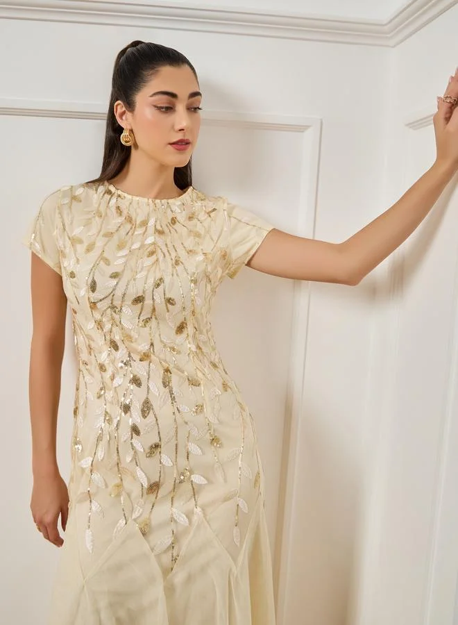 Styli Women Beige Embroidered Mesh A-Line Maxi Dress